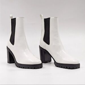 Longchamp Women White Patent Leather Lug Chelsea Ankle Boots